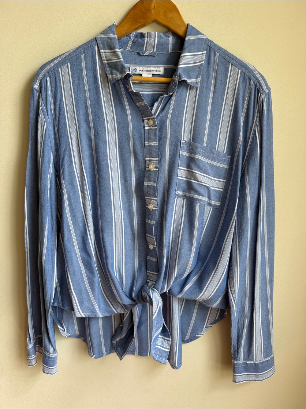Southern Tide Rayon Tie Front Striped Button Down Long Sleeve Shirt Womens M